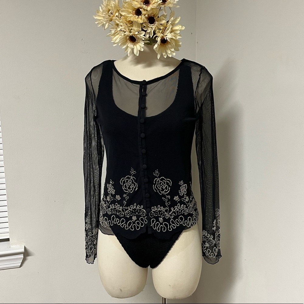 Vintage Hunza G Black Sheer Beaded Top